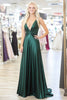 Load image into Gallery viewer, Simple Dark Green V-Neck Satin Ruched Long Prom Dress