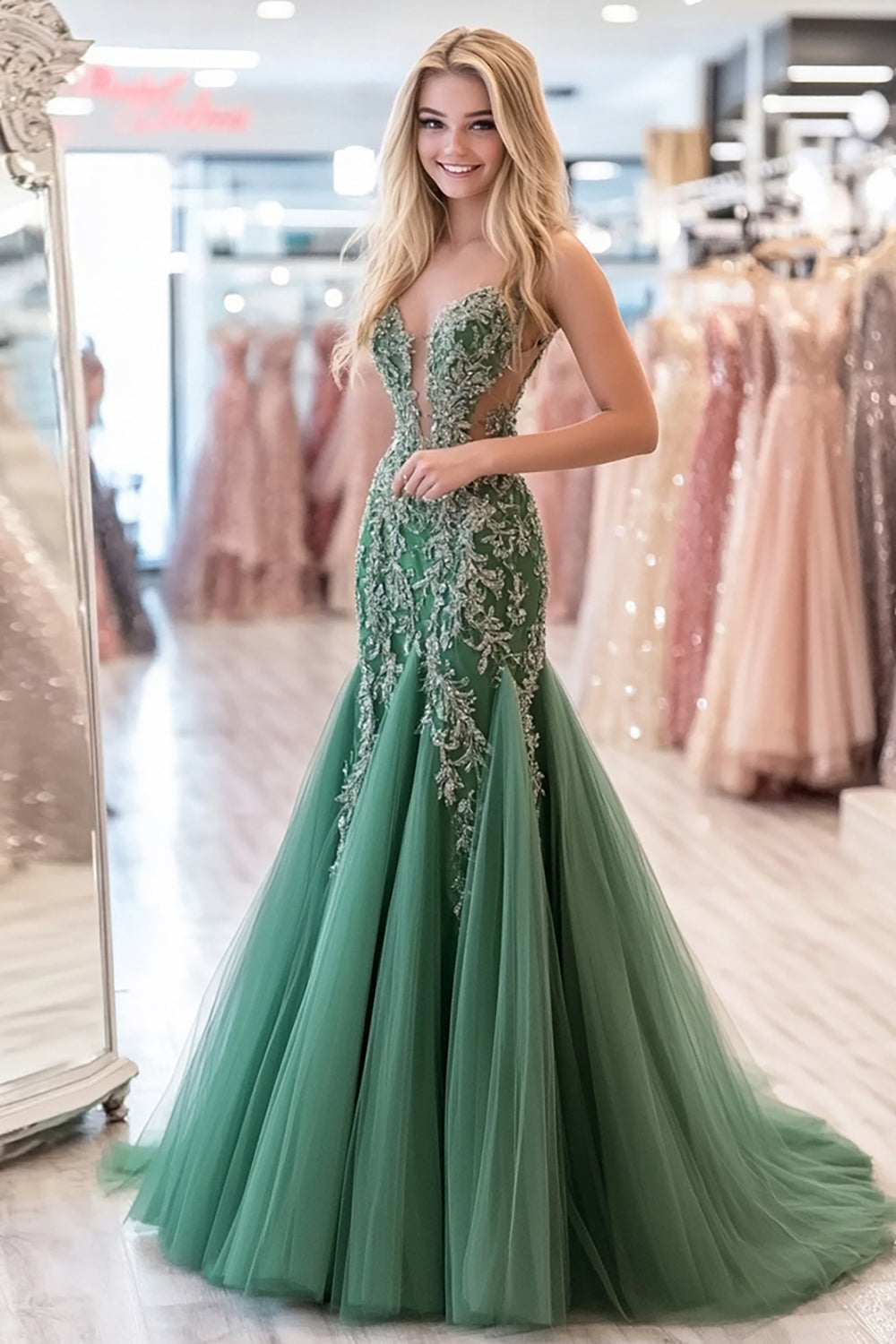 Sparkly Agave Tulle Sweetheart Long Prom Dress with Appliques