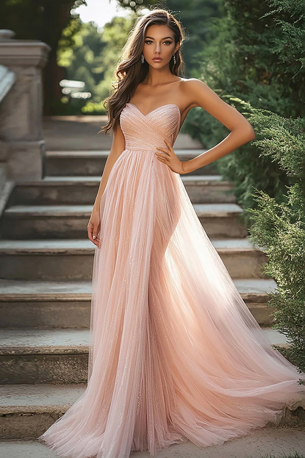 Blush A Line Tulle Pleated Sweetheart Floor Length Prom Dress