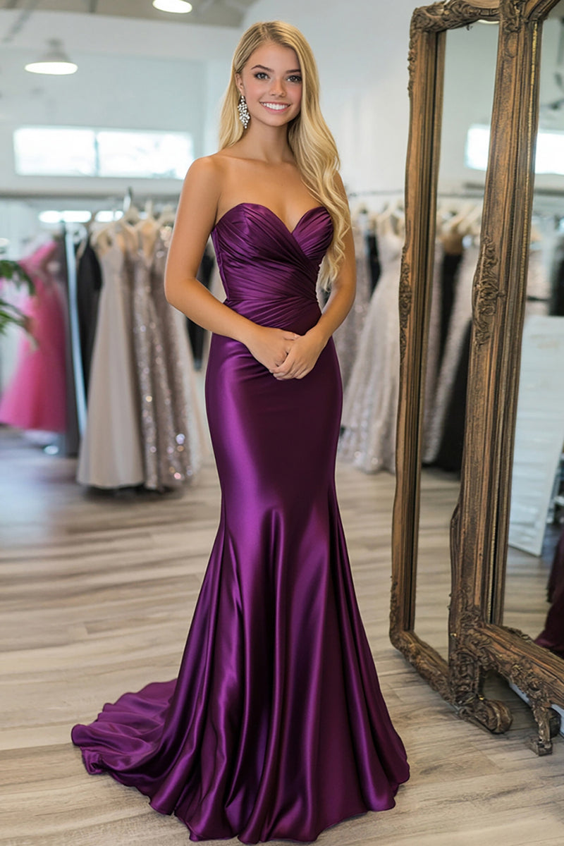 Load image into Gallery viewer, Plum Satin Sheath Sweetheart Long Prom Dress