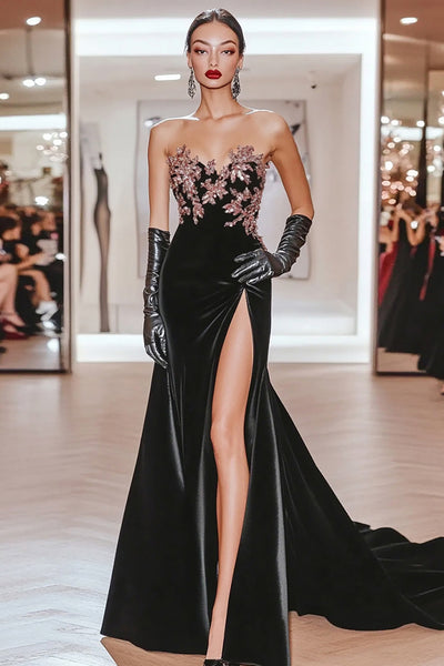 Black Mermaid Sweetheart Satin Prom Dress with Flowers