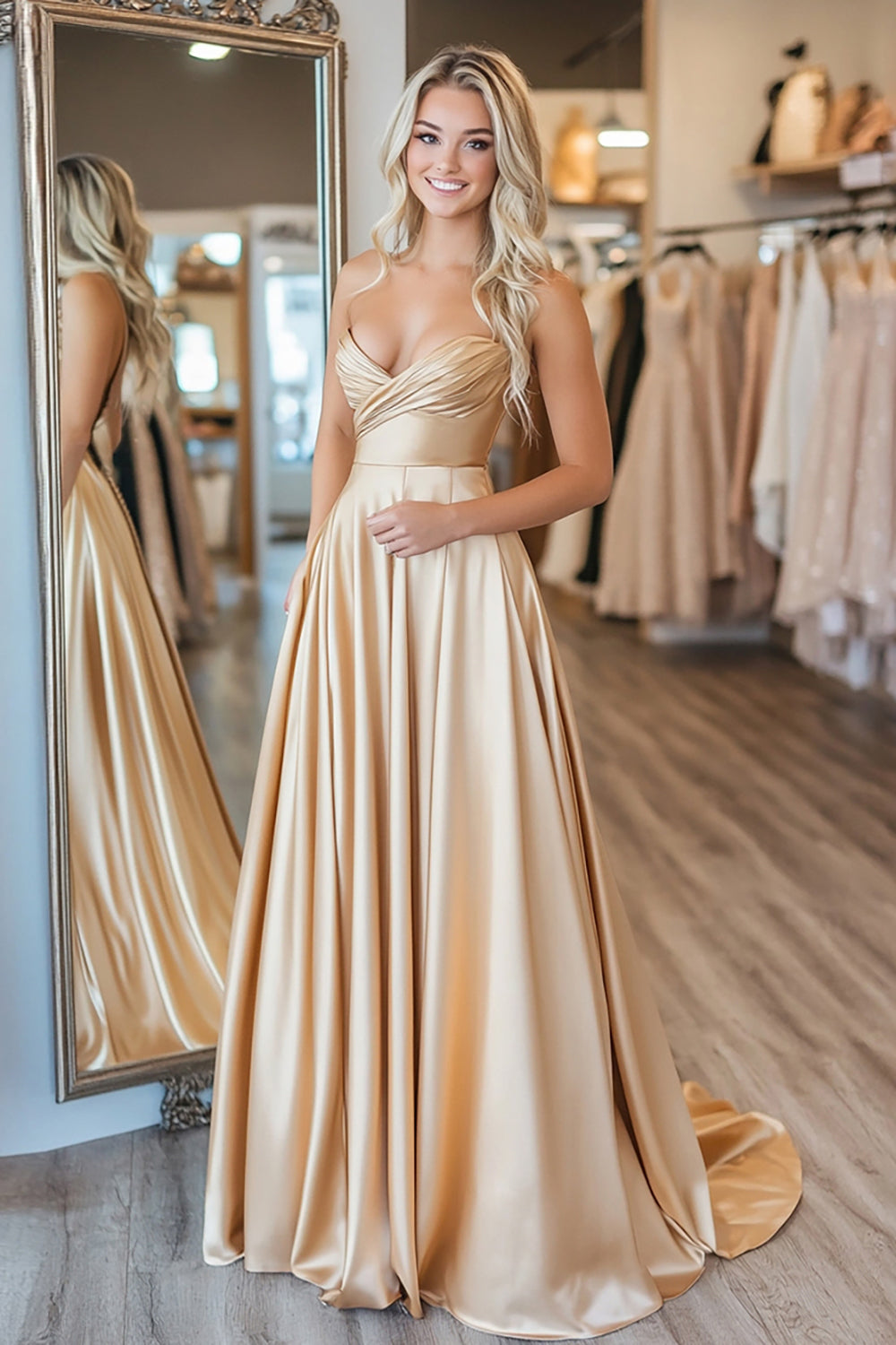 Gold Satin A Line Strapless Long Prom Dress