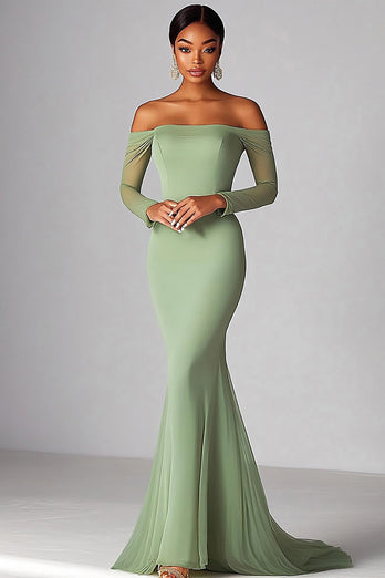 Sage Off the Shoulder Mermaid Prom Dress with Long Sleeves