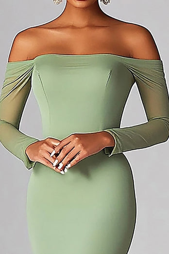 Sage Off the Shoulder Mermaid Prom Dress with Long Sleeves