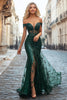 Load image into Gallery viewer, Sparkly Off the Shoulder Dark Green Sequins Mermaid Prom Dress