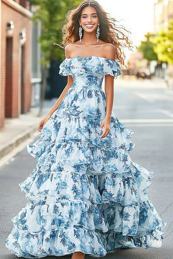 Blue White Floral Ball Gown Off the Shoulder Tiered Prom Dress