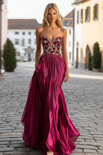 Fuchsia Metallic Satin Sweetheart Beaded Maxi Prom Dress