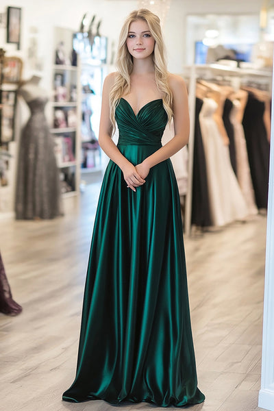 Dark Green Metallic Satin A Line Prom Dress