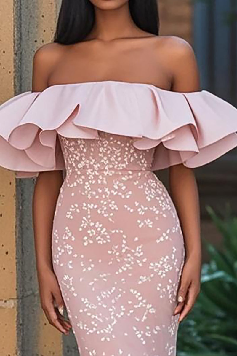 Load image into Gallery viewer, Blush Off the Shoulder Ruffles Mermaid Appliqued Prom Dress