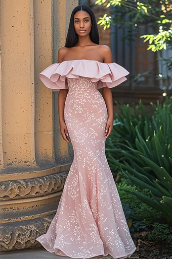 Blush Off the Shoulder Ruffles Mermaid Applique Prom Dress