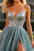 Load image into Gallery viewer, Sparkly Dusty Blue A Line Sequins Prom Dress with Slit