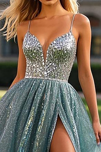 Sparkly Dusty Blue A Line Sequins Prom Dress with Slit