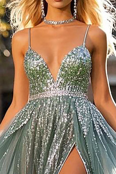 Sparkly Dusty Blue V Neck Sequins A Line Prom Dress with Slit