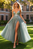 Load image into Gallery viewer, Sparkly Dusty Blue V Neck Sequins A Line Prom Dress with Slit