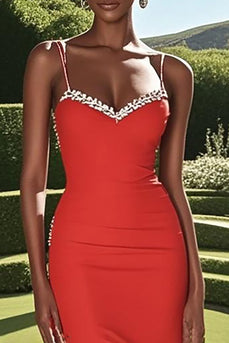 Red Sheath Spaghetti Straps Satin Floor Length Prom Dress with Slit