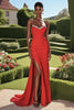 Load image into Gallery viewer, Red Sheath Spaghetti Straps Satin Floor Length Prom Dress with Slit