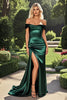 Load image into Gallery viewer, Black Off the Shoulder Stretch Satin Floor Length Prom Dress with Slit