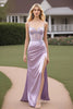 Load image into Gallery viewer, Lilac Spaghetti Straps Corset Sheath Satin Prom Dress with Slit