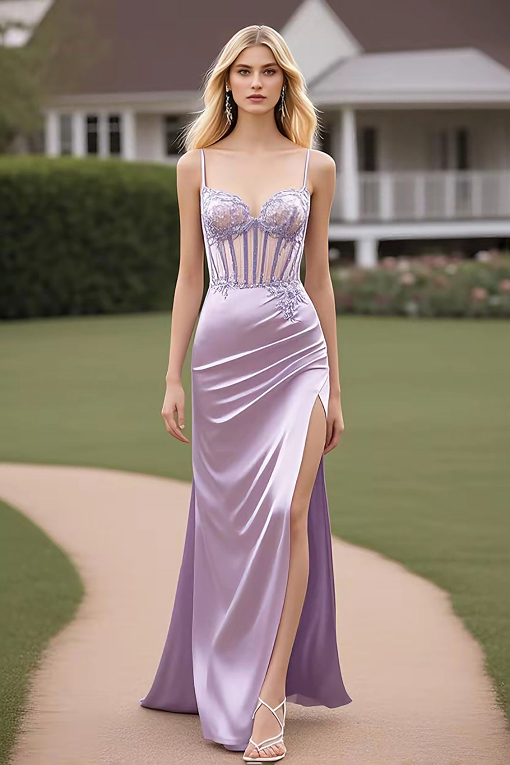 Lilac Spaghetti Straps Corset Sheath Satin Prom Dress with Slit