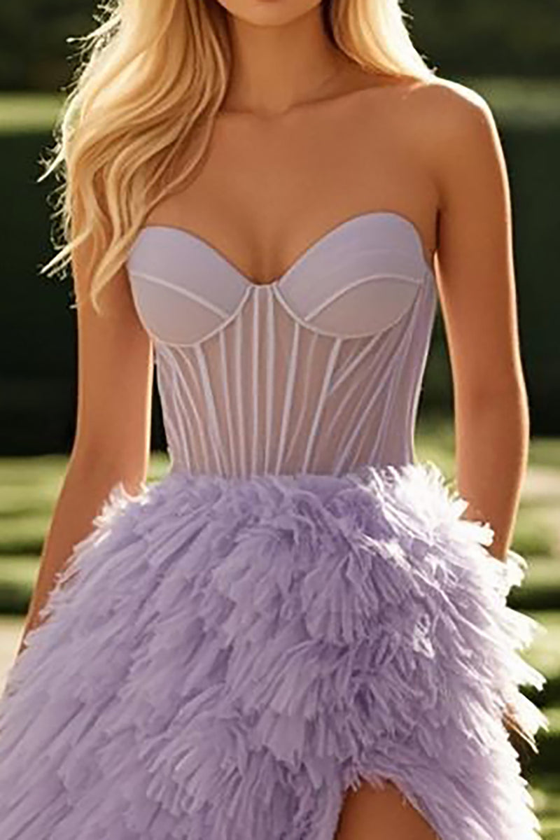 Load image into Gallery viewer, Lilac Corset A Line Tulle Ruffled Prom Dress with Slit