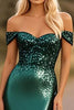 Load image into Gallery viewer, Sparkly Dark Green Off the Shoulder Mermaid Sequins Maxi Prom Dress