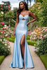 Load image into Gallery viewer, Sky Blue Sweetheart Mermaid Satin Keyhole Maxi Prom Dress with Slit