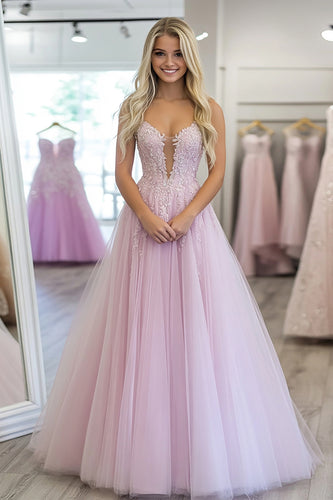 Light Purple A Line Tulle Applique Maxi Prom Dress