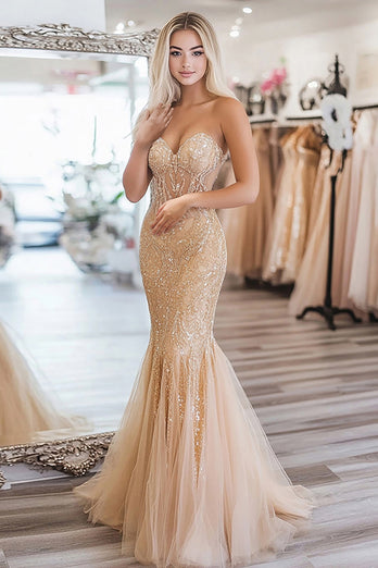 Gold Strapless Corset Mermaid Embroidered Maxi Prom Dress