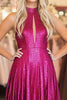 Load image into Gallery viewer, Glitter Fuchsia Halter Keyhole Pleated A Line Maxi Prom Dress