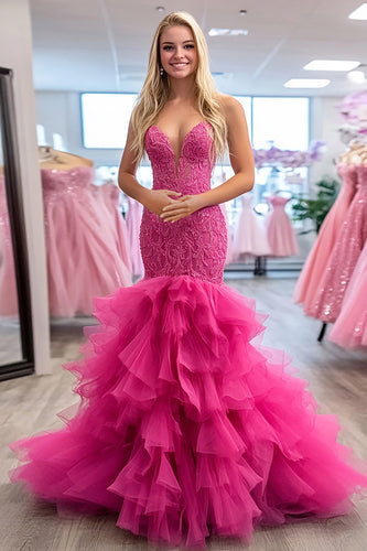 Fuchsia Sweetheart Mermaid Ruffles Tulle Prom Dress with Applique