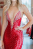 Load image into Gallery viewer, Sparkly Red Deep V Neck Sequins Sheath Prom Dress with Slit