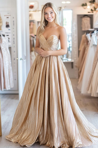 Metallic Satin Gold Sweetheart Ball Gown Maxi Prom Dress