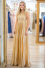 Load image into Gallery viewer, Sparkly Metallic Satin Gold Scoop Neck A Line Prom Dress