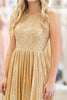 Load image into Gallery viewer, Sparkly Metallic Satin Gold Scoop Neck A Line Prom Dress