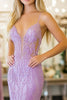 Load image into Gallery viewer, Spaghetti Straps Lilac Sheath Lace Applique Prom Dress