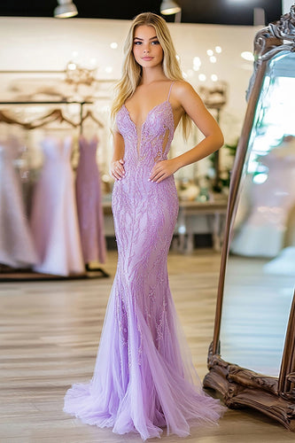 Spaghetti Straps Lilac Sheath Lace Applique Prom Dress