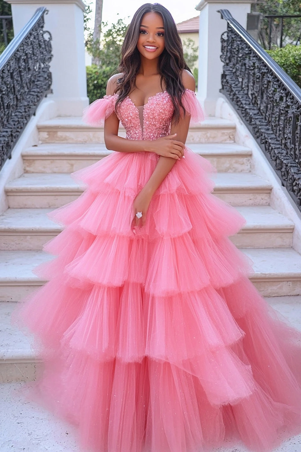 Coral Ruffled Appliqued Floor Length Prom Dress