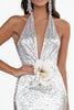 Load image into Gallery viewer, Sparkly Silver Sheath Halter Prom Dress with 3D Flowers