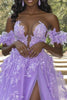 Load image into Gallery viewer, Lilac Appliqued Off The Shoulder A Line Prom Dress with Slit