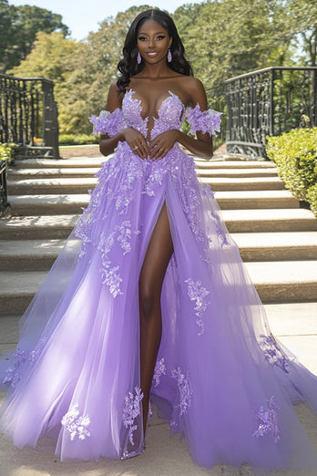 Lilac Appliqued Off The Shoulder A Line Prom Dress with Slit