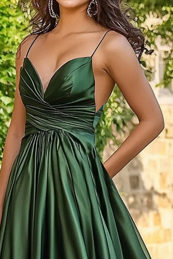 Spaghetti Straps Dark Green Satin A Line Prom Dress