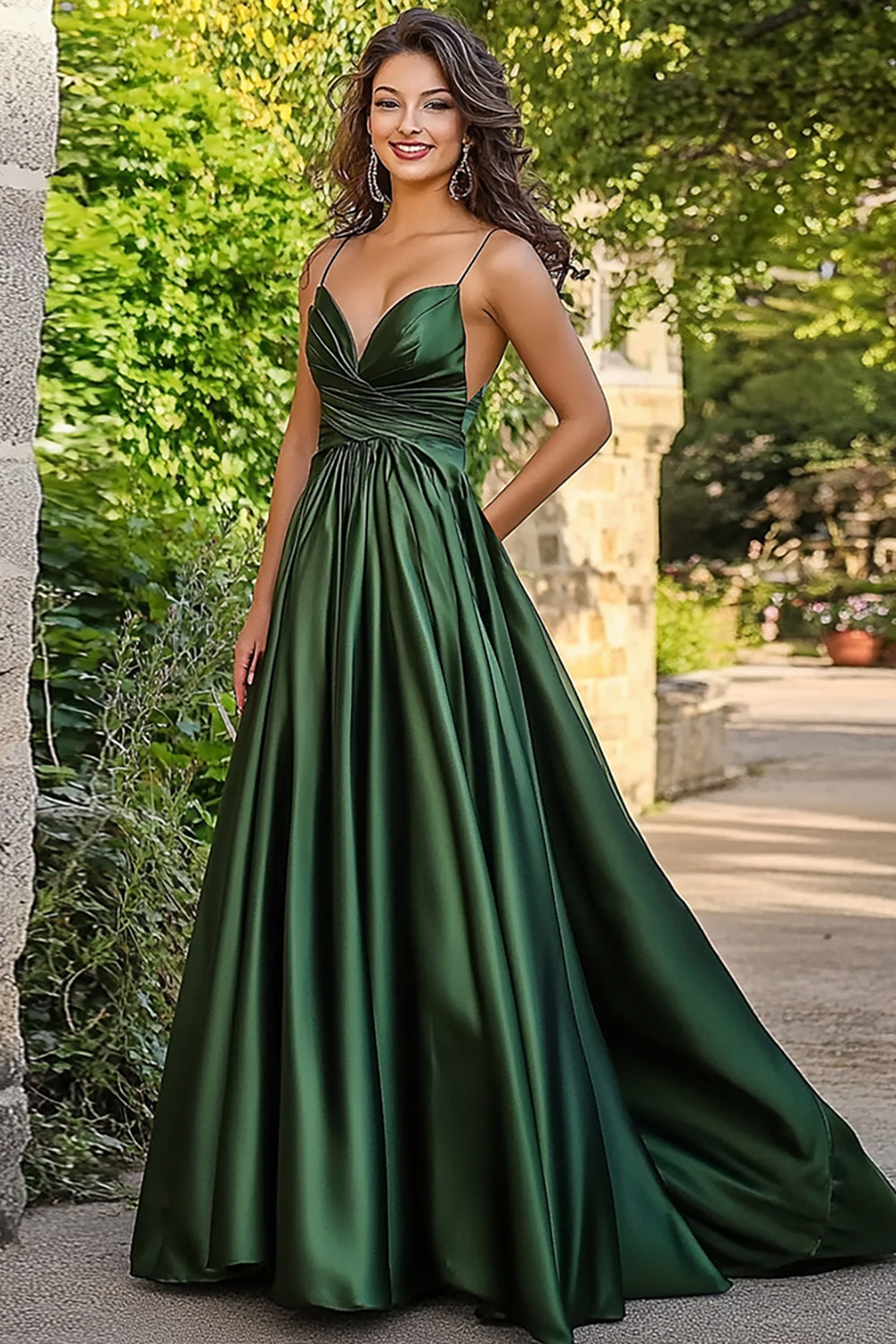 Spaghetti Straps Dark Green Satin A Line Prom Dress