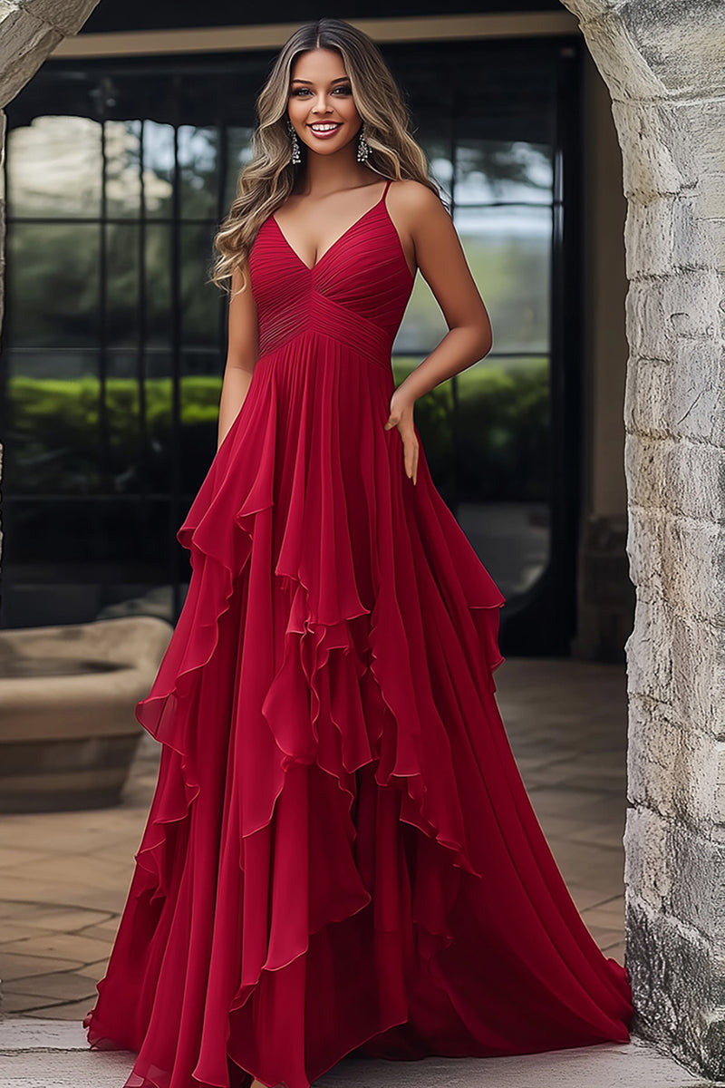 Load image into Gallery viewer, Red A Line Chiffon Spaghetti Straps Prom Dress with Ruffles