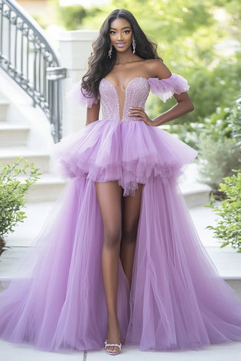 Tulle Light Purple High-Low Prom Dress with Ruffles