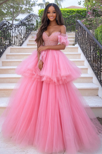 Coral Tulle A Line Ruffled Prom Dress with Appliques