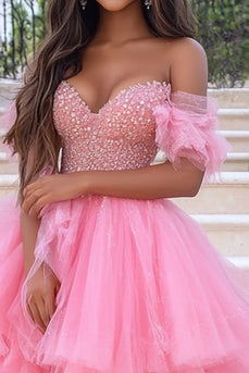 Coral Tulle A Line Ruffled Prom Dress with Appliques