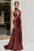 Load image into Gallery viewer, Halter Burgundy Sheath Halter Prom Dress with Cut Out