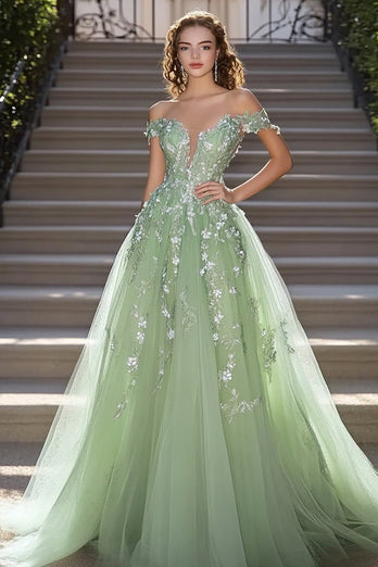 Sage A Line Off The Shoulder Tulle Prom Dress with Appliqes