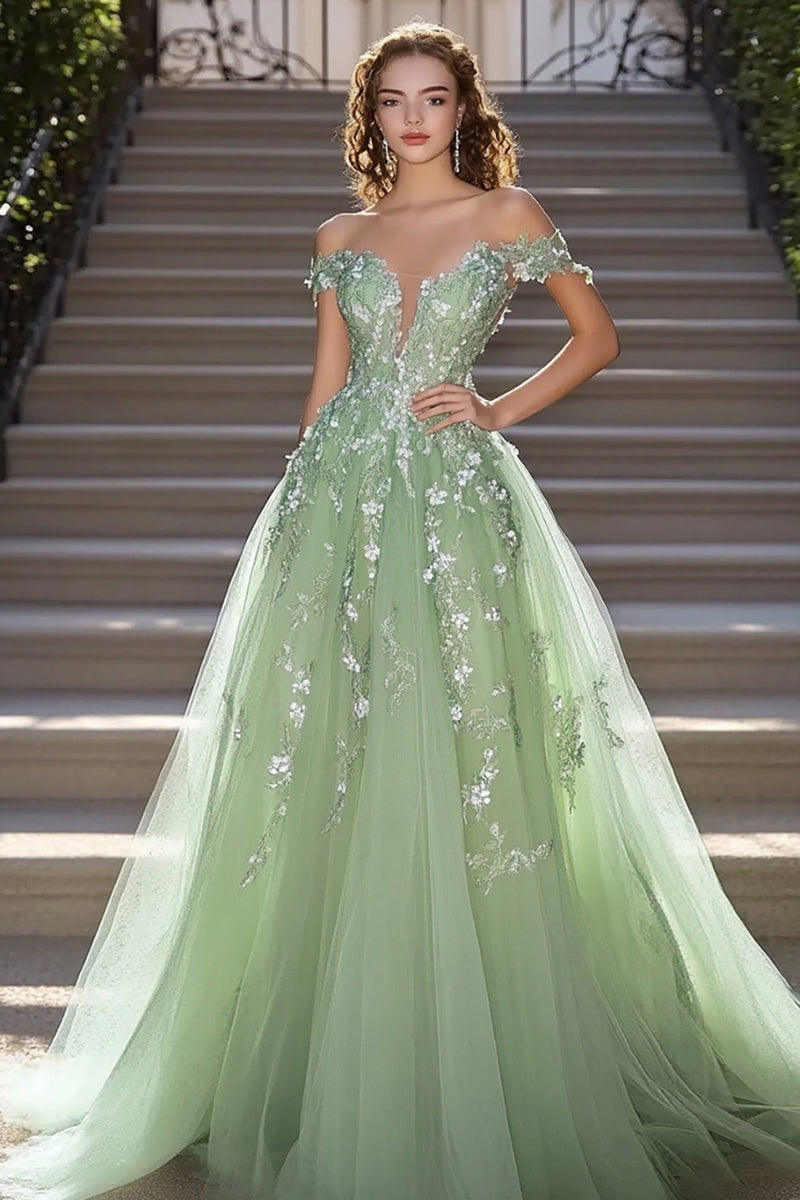 Load image into Gallery viewer, Sage A Line Off The Shoulder Tulle Prom Dress with Appliqes