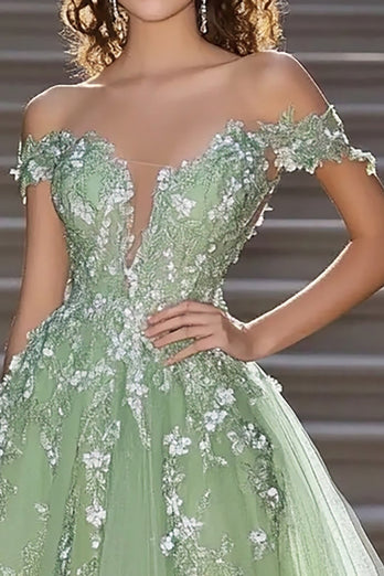 Sage A Line Off The Shoulder Tulle Prom Dress with Appliqes